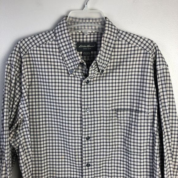Eddie Bauer Button Down Shirt Mens L Tan Blue Checkered Plaid 100% Cotton Casual - Picture 2 of 10